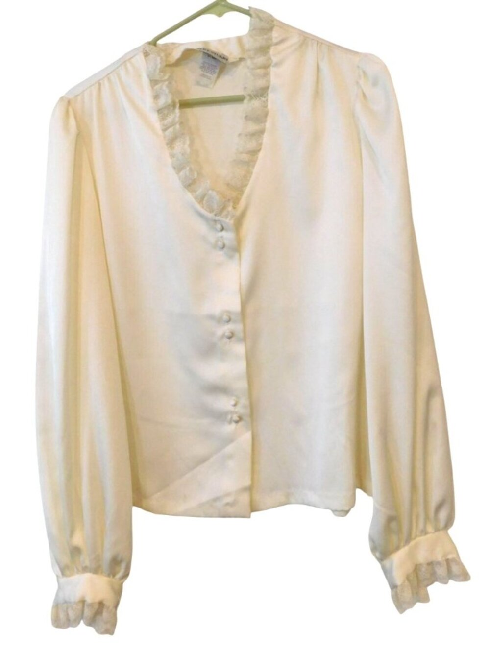 Alice Stuart 14 Off-White Satin Lace Ruffle Edwardian Style Poet 1980s Blouse